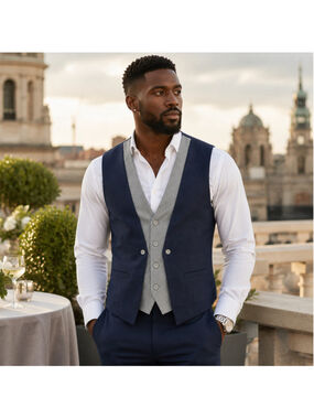 COOFANDY Men’s XXL Navy Gray Layered Look Suit Vest Formal Waistcoat